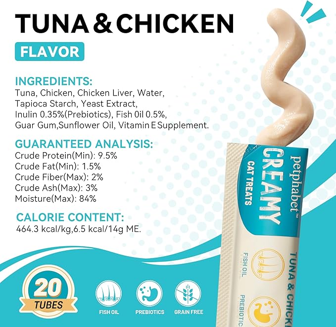 PETPHABET Lickable Cat Treats Squeeze, Creamy Puree Squeezable Wet Kitten Treats, Tuna & Chicken Recipe 20 Tubes, Paste Snacks for Skin & Coat Health, Digestive Care, High Protein, Grain Free