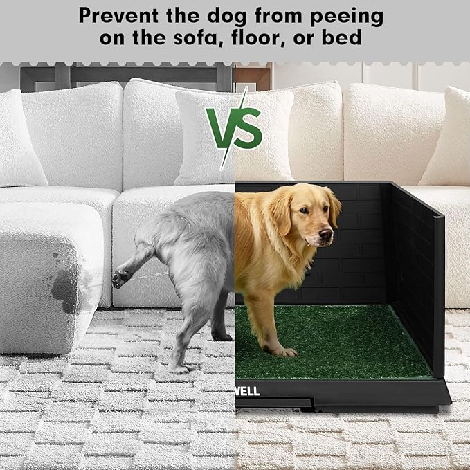 Dog Grass Pad with Tray & Drawer, Indoor Dog Potty Training System, 2 Reusable Turf Pads, 3 High Walls for Splash Protection, Easy-Clean Urine Collection Drawer for Small/Medium Dogs