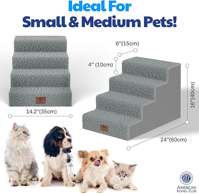 AKC 4-Step Pet Stairs – Durable, Non-Slip Steps for Small Dogs and Cats, Washable Cover, Simple No-Tool Assembly, Supports Up to 50 lbs