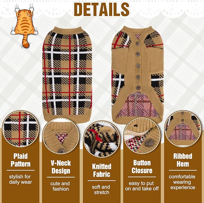 EXPAWLORER Cat Sweater Cardigan - Stylish Knit Cat Clothes, Plaid British Style Soft Puppy Sweater with Sleeve, Warm Pet Clothing Knitwear, Fall Winter Kitten Coat for Girl Boy Cats, Beige L