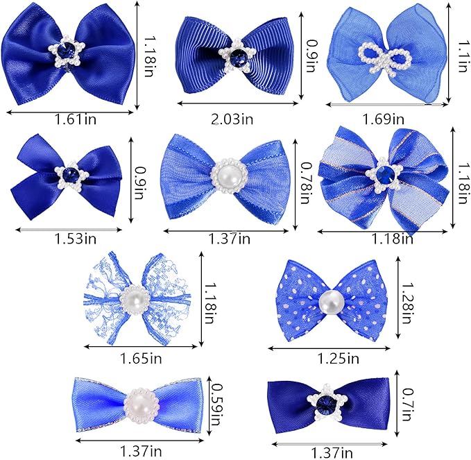 20 PCS Cute Dog Hair Bows with Rubber Bands Elastic Handmade Mix Style Lace Rhinestone Pearls for Furry Puppy Cat Pet Girl, Dark Blue