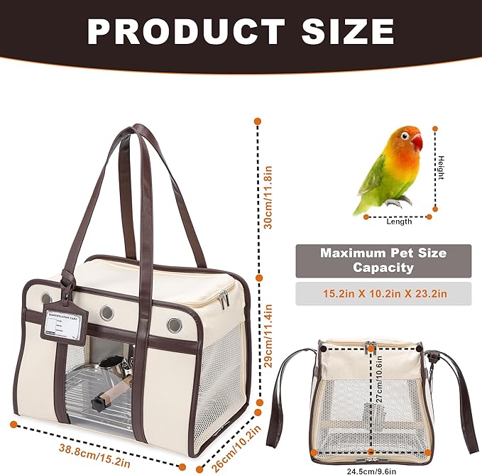 Sanmoncare Stylish Bird Carrier with PU Leather Handle, Portable Parrot Travel Bag for Cockatiels & Conures, Lightweight Bird Cage with Stainless Steel Tray & Side Door for Easy Cleaning, White