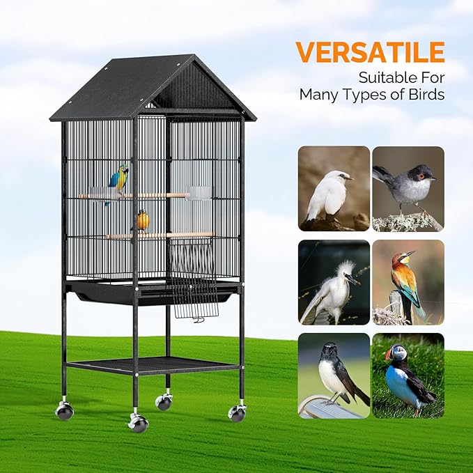 VINGLI Bird Cage with Wheels, 50 inch Wrought Iron Cage with Spire Roof, Bird Cages with Rolling Stand for Parrots, Cockatiels, Budgies, Lovebirds, Small/Medium Birds (50" H with Spire Roof)