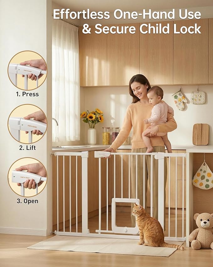 Baby Gate with Cat Door, 29.92-48 ” Wide Baby Gate for Stairs, Pressure Mounted Gate No Drill, Auto Close Dog Gate for Doorways, Easy Walk Through Safety Gates with Pet Door, Indoor, White