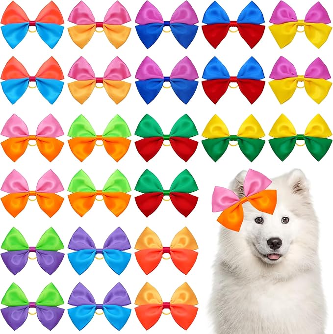 24PCS Big Dog Hair Bows with Rubber Band for Large Dog Long Hair Girl Boy Male Female Bowknot Grooming Accessories