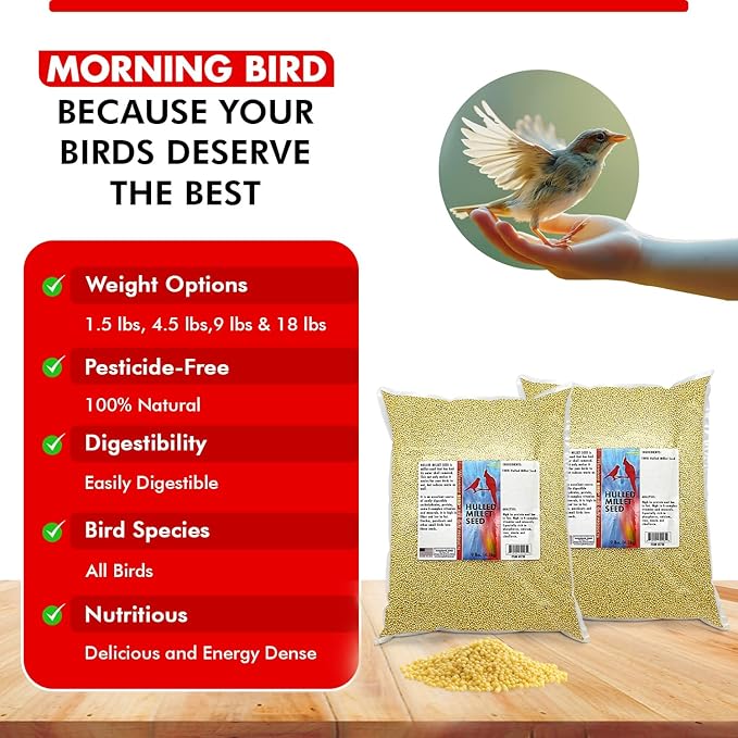 Morning Bird Hulled Millet 18 lbs (2-Pack, 9 lbs Each) – Nutritious Hulled Millet Seed - Easily Digestible with High Fiber, Rich in Vitamins & Minerals for Birds, Ideal Bird Feed for All Bird Types