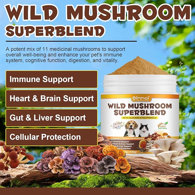 Mushroom Powder for Dogs & Cats, Natural Pet Supplement Mushroom Powder Support Immune, Heart, Brain & Liver with Turkey Tail, Reishi, Lion's Mane for Cellular Protection, Bacon Flavor - 4.23 oz(120g)