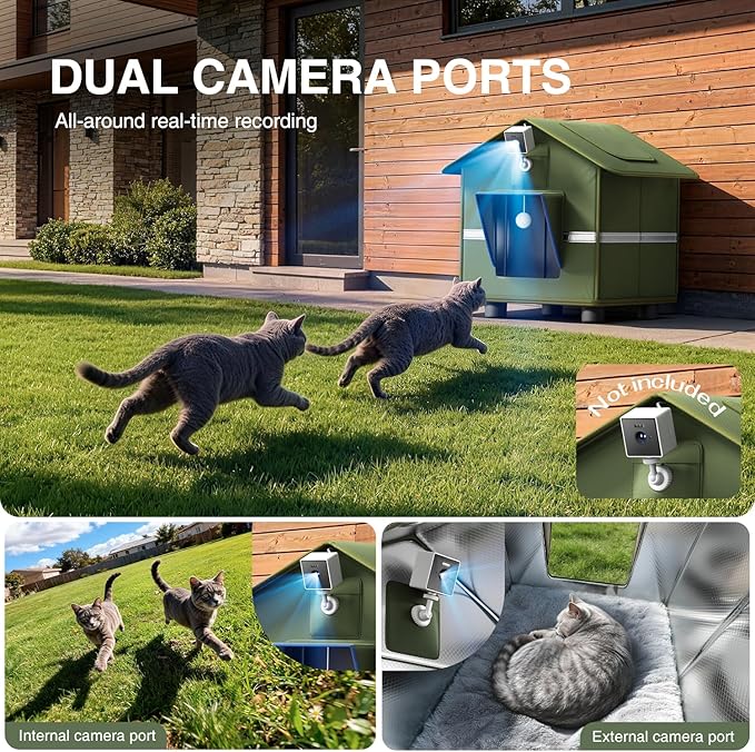 Outdoor Cat House for Outside with Elevated Base Cat-Attracting Eave Design and Cat Toys Feral Stray Shelter Weatherproof in Garage Yard Porch (Dual Camera Ports)