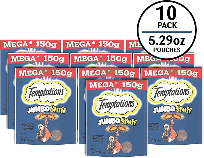 Temptations Jumbo Stuffed Cat Treats, Crunchy and Soft Cat Treats, Savory Salmon Flavor, 5.3 oz. Pouches (Pack of 10)
