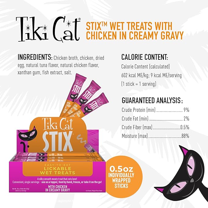 Tiki Cat Stix Mousse Treats, Single Serve Indulgent Lickable Treat or Dry Food Topper, with Chicken in Creamy Gravy, 0.5 oz. Servings (20 Count)