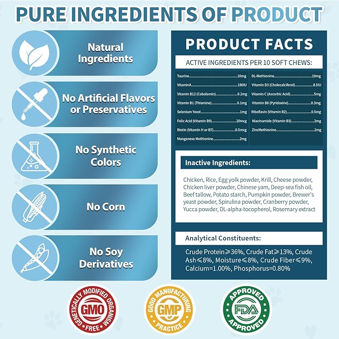 Taurine for Cats Vitamins Treats Snacks – Cat Multivitamin 500 Crunchy & Creamy Chews – Supports Immune, Joints, Digestion, Skin & Coat – Daily Healthy Supplement for Cats of All Ages (90-Day Supply)