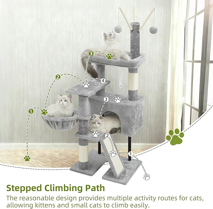 Cat Tree for Indoor Cats, Cat Tower with Scratching Post for Small Cats and Kittens, Cat House with Removable Top Platform and Fluffy Balls, Hanging Cat Basket, Light Gray GCT006SW