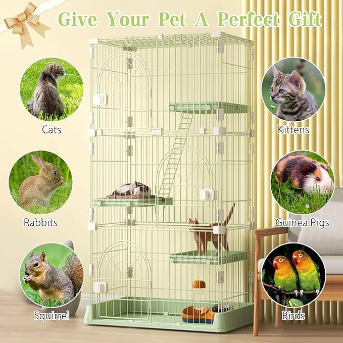 Hamiledyi Large Cat Cage 52 Inch Detachable Kennel with 3 Platforms and 1 Ramp Ladders Green Pet Playpen with 3 Doors Indoor Cat Enclosure for Small and Medium Animals