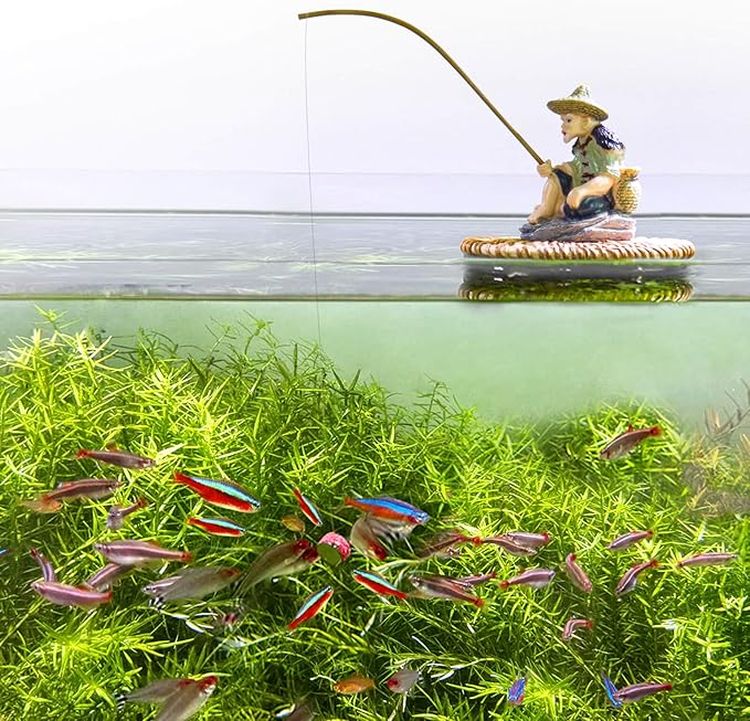 Floating Fish Tank Decorations, Resin Fisherman Aquarium Decor with Realistic Mini Fishing Rod, Fun Fish Feeder Aquarium Ornaments for Guppy Betta and Small Schooling Species Interactive Toy