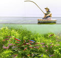 Floating Fish Tank Decorations, Resin Fisherman Aquarium Decor with Realistic Mini Fishing Rod, Fun Fish Feeder Aquarium Ornaments for Guppy Betta and Small Schooling Species Interactive Toy
