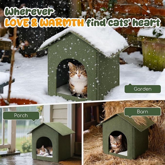 Outdoor Cat House Weatherproof, Insulated Cat Dog Houses for Outdoor/Indoor Cats for Winter, Waterproof Feral Stray Cat Shelter with Warm Cushion for All Seasons, Easy to Assemble, Olive Green