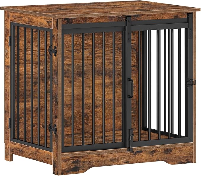 27.2" Dog Crate Furniture with Barn Door, Heavy Duty Dog Kennel Indoor with 2 Doors, Wooden Pet Cage End Table for Small Medium Dogs up to 22 lb, Anti-Chew Anti-Escape, Rustic Brown DFC84301B