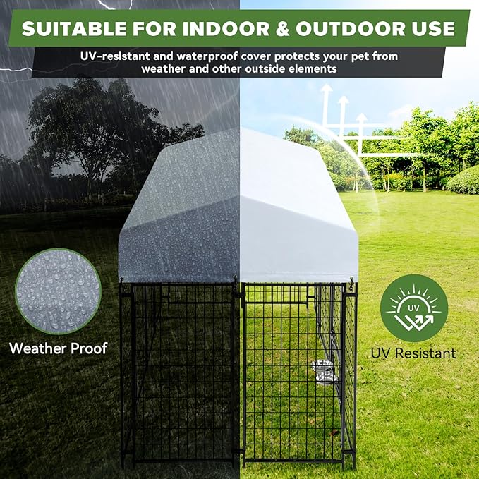 Oranland 8x4x6FT Outdoor Dog Kennel, Heavy Duty Welded Wire Steel Dog kennels with Secure Lock for Outside, Dog Pen with Waterproof Roof Cover and 2 Rotating Dog Bowls