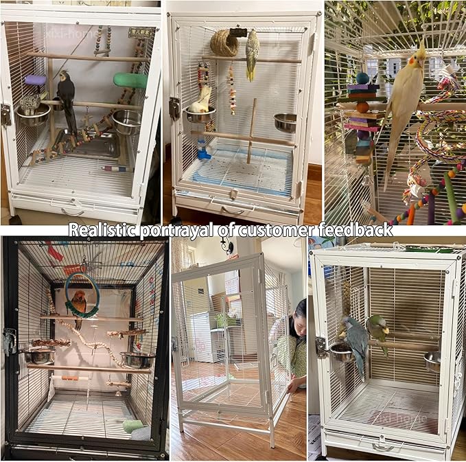 xixi-home Clear Parrot Cage,Metal Bird Cage Ornamental Cage -with Play Top and Wheel,Large Bird Cage Flying Birdcage for Outdoors (Type B - White)