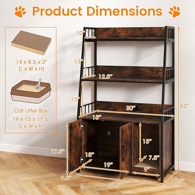 PETSITE Cat Litter Box Enclosure with Storage Shelves, 52 Inches Tall Hidden Litter Box with Charging Station, Scratching Board, and Winding Entry (Rustic Brown)