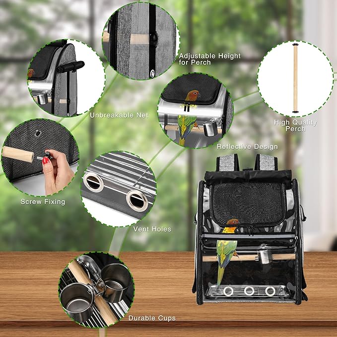 SUERTREE Bird Carrier Bag with Indestructible Stainless Steel Mesh, Bird Travel Cage with Stand, Easy to Clean Backpack for Parrot, Portable Bird Travel Bag, Grey