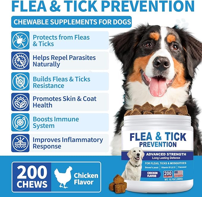 Flea and Tick Prevention for Dogs Chewables 200Ct - Flea and Tick Chews Supplement, Vet Recommended Supplement Chews, Skin & Coat Support for Dogs, Puppies, All Breeds & Sizes