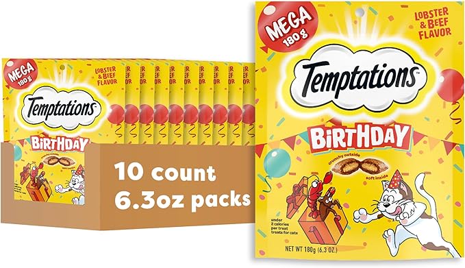 Temptations Birthday Cat Treats, Crunchy and Soft Cat Treats, Lobster & Beef Flavor, 6.3 oz. Pouch (Pack of 10)