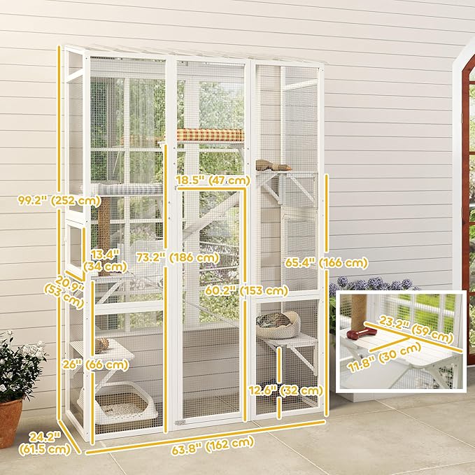 PawHut Outdoor Catio Cat Enclosure, Large Wooden Cat House with 6 Jumping Platforms, Scratching Post, 2 Ramps, Waterproof Roof, Kitty Cage Window Access for 2-3 Kittens, 99" H, White