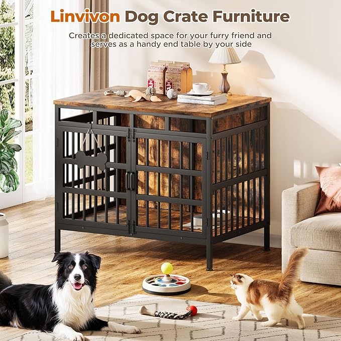 Large Dog Crate Furniture, Wooden Dog Kennel Furniture for Medium Large Dogs, Double-Doors Sturdy Metal Dog Cage for Anxiety Dog, Anti Escape Wooden Cage with Name Tag End Table, TV Stand Brown