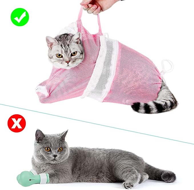 Cat Bathing Bag Adjustable Cat Grooming Net Bag Anti-bite & Anti-Scratch Cat Bath Washing Restraint Bag, Breathable Mesh Cat Grooming Bag for Shower, Nail Trimming, Injection (A-Pink)