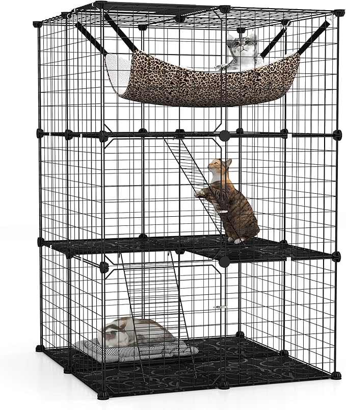 Tangkula Cat Cages Indoor, 3-Tier Cat Enclosure with Skylight, Extra Large Hammock, 2 Ladders, Detachable Metal Wire Kennel with 3 Lockable Doors, DIY Cat Crate & Pet Playpen Catio for 1-3 Cats Kitten