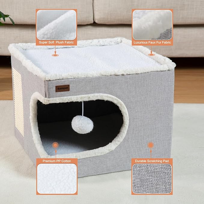 Cat Bed for Indoor Cats Cube House, Covered Cat Cave Beds & Furniture with Scratch Pad and Hideaway Tent, Cute Modern Cat Condo for Multi Small Pet Large Kitten Kitty, Navy