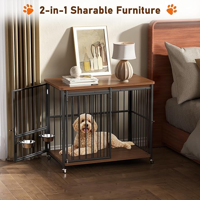Dog Crate Furniture, 41’’ Wooden Dog Kennel Indoor with Sliding Front Door, Multi-Side Openings & Feeding Window Pet Cage House as TV Stand