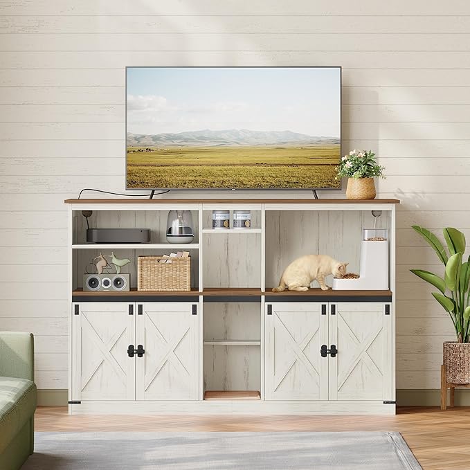 Double Cat Litter Box Enclosure for 2 Cats, Cat Cabinet with Large Storage Space, Hidden Litter Box with Scratch Pad, Farmhouse Cats House, TV Stand End Table, Rustic Brown and White CB97014X