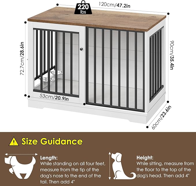 TTVIEW 47” Large Dog Crate Furniture, Heavy Duty Dog Kennel Indoor with Sliding Door and 2 Adjustable Bowls, Rustic Wooden Dog Cage Pet House for Large Dogs, End Table for Living Room, White