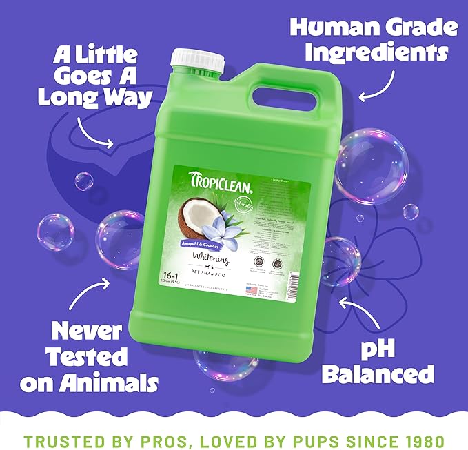 TropiClean Whitening Dog Shampoo, Professional Dog Shampoo, Whitening & Brightening, For All Coat & Color Types, Puppy Safe, Made in USA, 2.5 Gallon