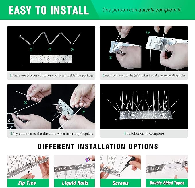Bird Spikes Stainless Steel Bird Spikes Pigeon Spikes for Outside to Keep Birds Away with 7.9 Inch Wider Coverage 19.7 Feet Length Disassembled with Stainless Base for Small Bird Fence Roof Blacony