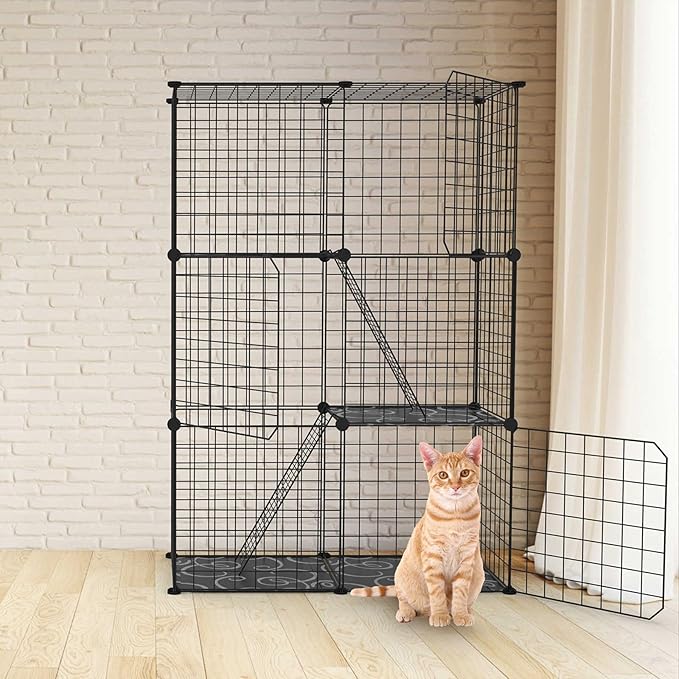 Large 3-Tier Cat Cage, Indoor Cat Enclosures Pliable DIY Cat Playpen, Detachable Metal Wire Kennels Cat Crate Box House with 3 Doors 2 Ramp Ladders for 1-2 Cats, 28.2"L x 14.0"W x 42.1"H,Black