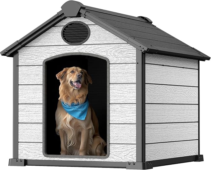 EHHLY 46" Large Dog House Outdoor Weatherproof, 3XL Big Dog House for Large Dog Outside, Insulated Igloo Pet House with Elevated Floor, Extra Durable Resin Plastic, 46Lx40Wx40H, Cemented Grey