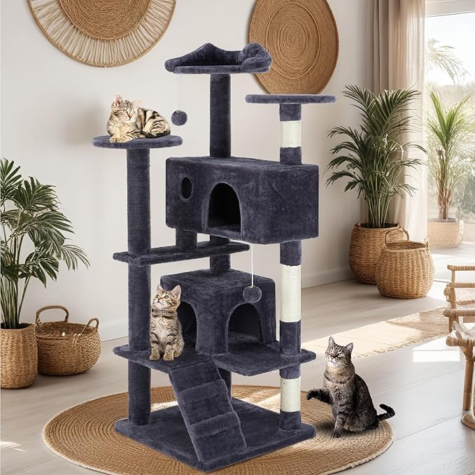 Sweetcrispy 54 Inch Cat Tree Tower, Multi-Level Tower with Cat Scratching Post, Indoor Cat Condo with Climbing Ladder, Plush Toy, Play House for Cat, Dark Grey