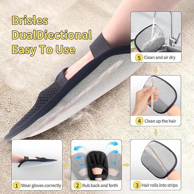 Pet Hair Removal Glove for Cats & Dogs, Upgraded Five-Finger Electrostatic Pet Hair Removal Tool, Reusable Magic Brush Pet Hair Remover for Laundry, Couch, Carpet, Car Seat & Clothing (Black)