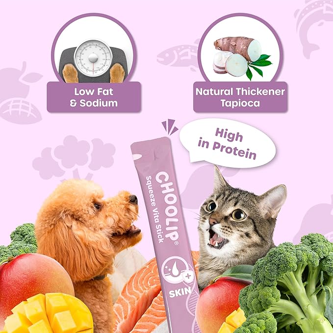 Choolip Squeeze Vita Stick Lickable Cat and Dog Treats, 7-Count Skin and Coat Support, Salmon and Pollack with Biotin and Omega-3, Vet-Formulated