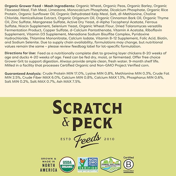 Scratch and Peck Feeds Organic Chicken & Duck Feed - Grower Mash - 50-lbs - 17% Protein, Premium Whole Grains, Essential Oils, Vitamins and Minerals