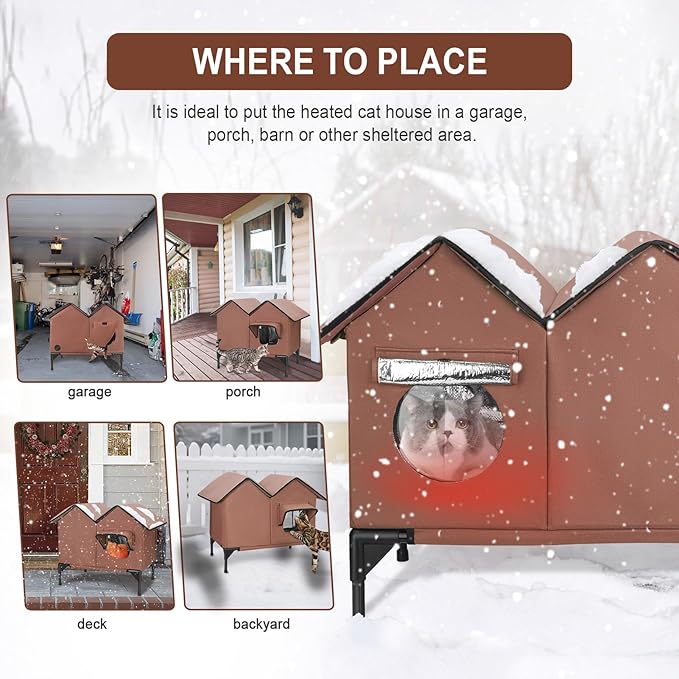 Large Heated Cat House for Outside in Winter, Elevated Waterproof Cat House for Outdoor Cats with Heating Pad, Insulated Heated Outdoor Cat House Weatherproof for Stray Cats Small Dogs (Brown)