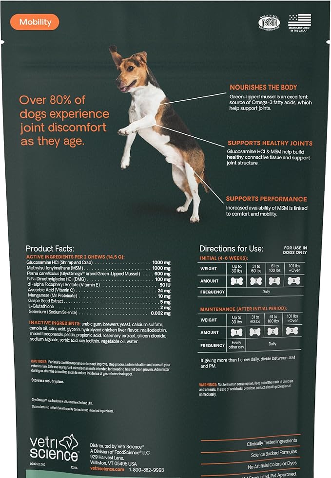 VetriScience Extra Strength Healthy Hip & Joint Chews, GlycoFlex 3, Glucosamine, Green-Lipped Mussel, Joint Support Supplement for Dogs, Promote Mobility & Soothe Joint Discomfort, Chicken, 120 Count