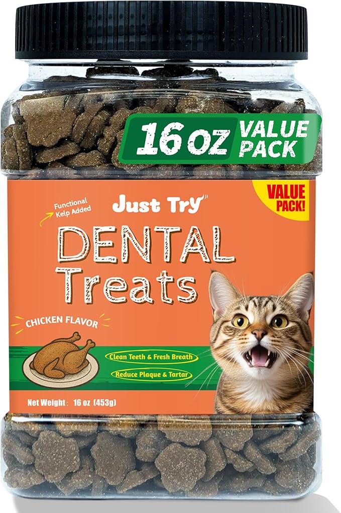 Just Try 16 OZ Dental Health Treats for Cats - Advanced Kelp Clean Teeth & Fresh Breath - Reduce Plaque & Tartar - Chicken Flavored Chews