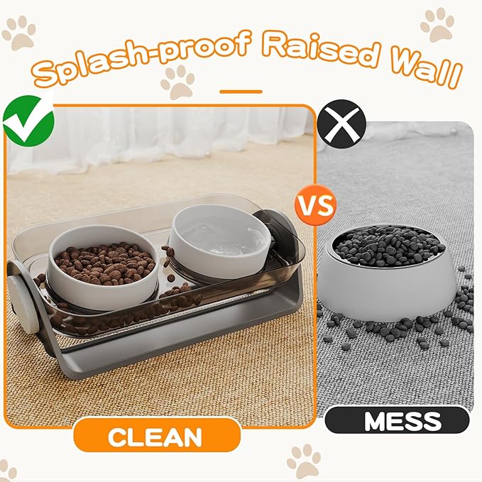 Oneluck Elevated Cat Bowl, Raised Ceramic Dish, 100% Waterproof Cat and Dog Bowls, 15° Tilted Raised Stand Slip Resistant Raised Edges, Catch Water, Food Mess, No Spills