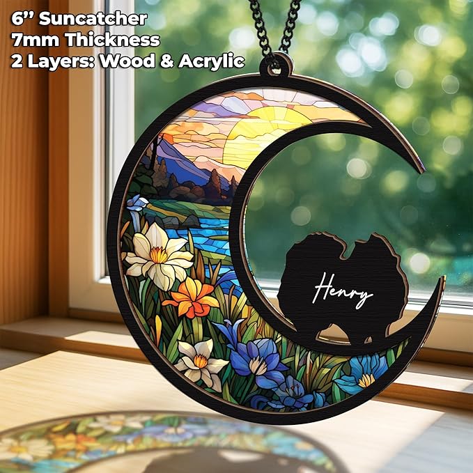 6'' Pomeranian Memorial Suncatcher, Personalized Name, Pet Ornament Window Car Hanging, Sympathy Gift for Loss of Pet, Passed Away Remembrance Gift for Dog Lovers 58-SS1