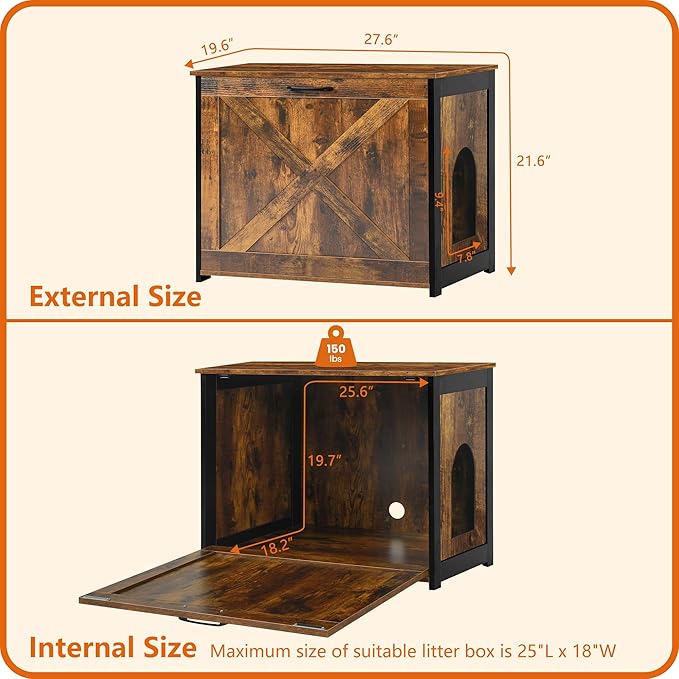 Dwanton Cat Litter Box Furniture Hidden, Cat Litter Box Enclosure, Reversible Entrance Can Be on Left or Right Side, Indoor Cabinet, Wooden Washroom, End Table, Nightstand, Rustic Brown, 27.6" L