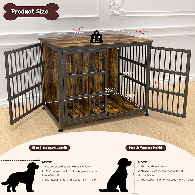 42'' Dog Crate Furniture Large Breed Dog Crate Dog Kennels for Inside Wooden Dog Crates End Table Heavy Duty Indoor Combination Cage for Medium to Large Dogs Walnut